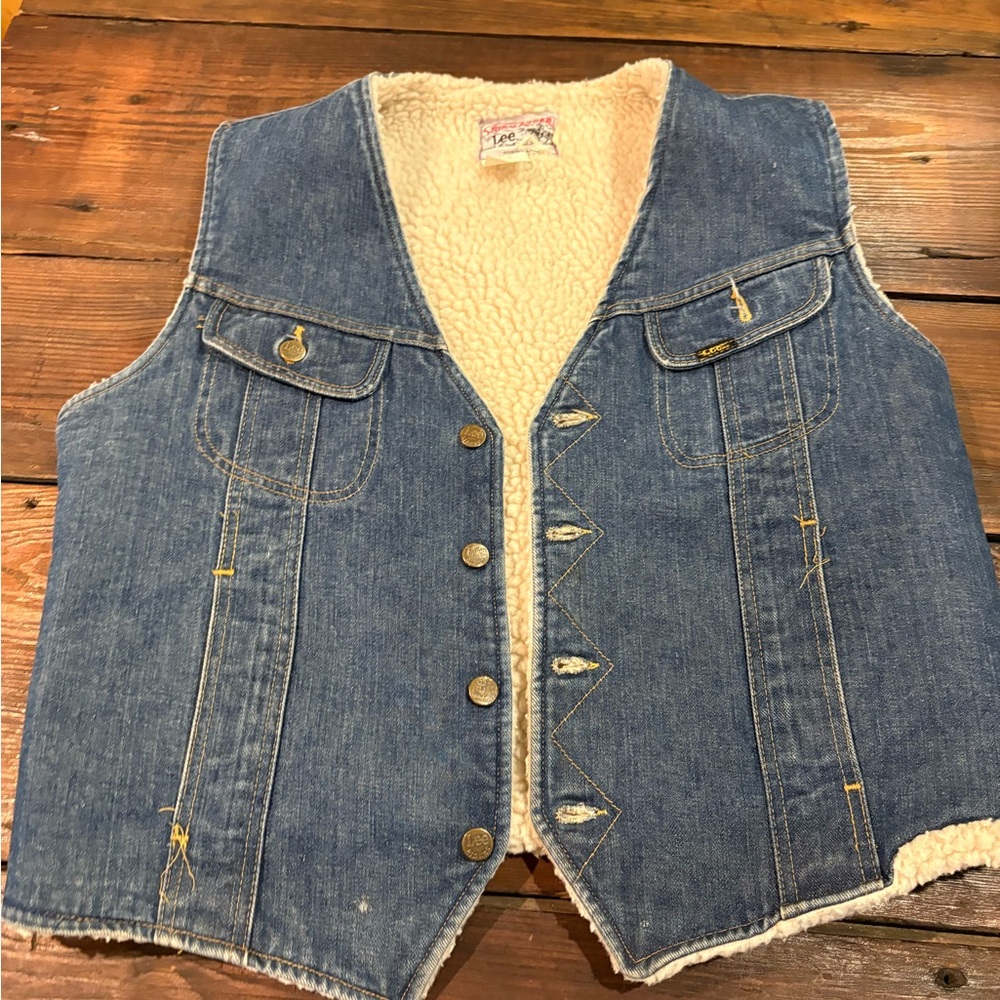Vintage Lee Storm Rider Blue Denim Vest with Sherpa Lining